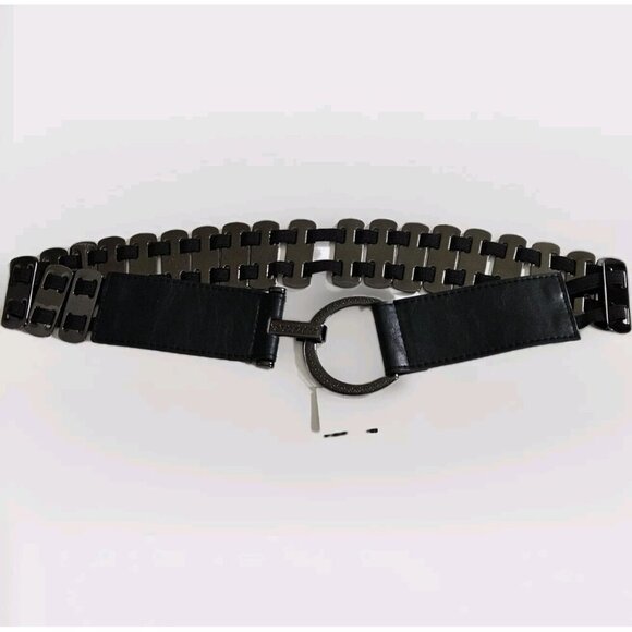 Bruges Belt Womens M/L Black Metal Faux Leather Buckle Stretch Steampunk Hippie - Picture 2 of 15